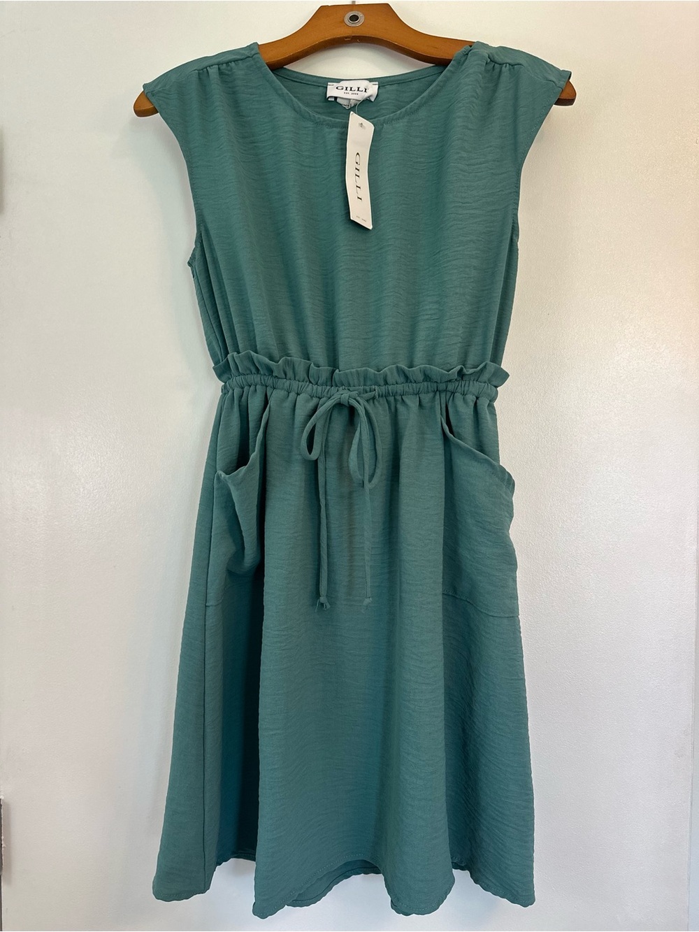 Gilli Teal Sleeveless Drawstring Waist Casual Dress